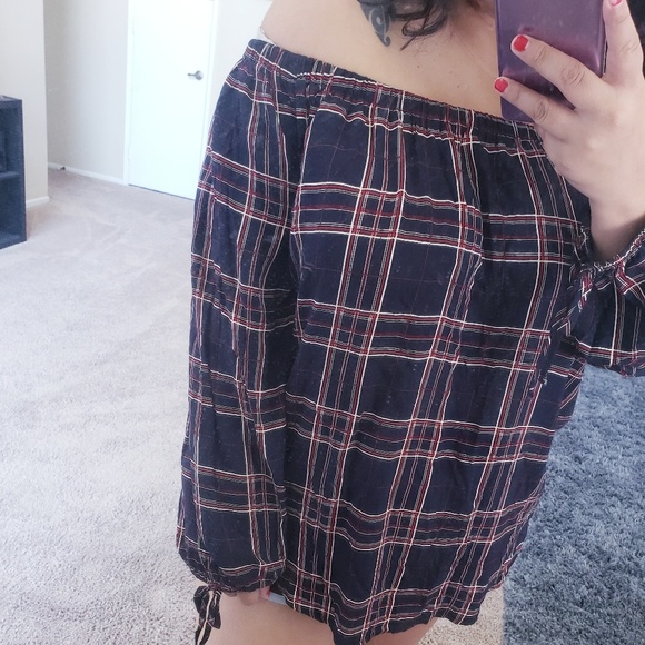 Navy Blue Flannel Off the shoulder top - Picture 2 of 5